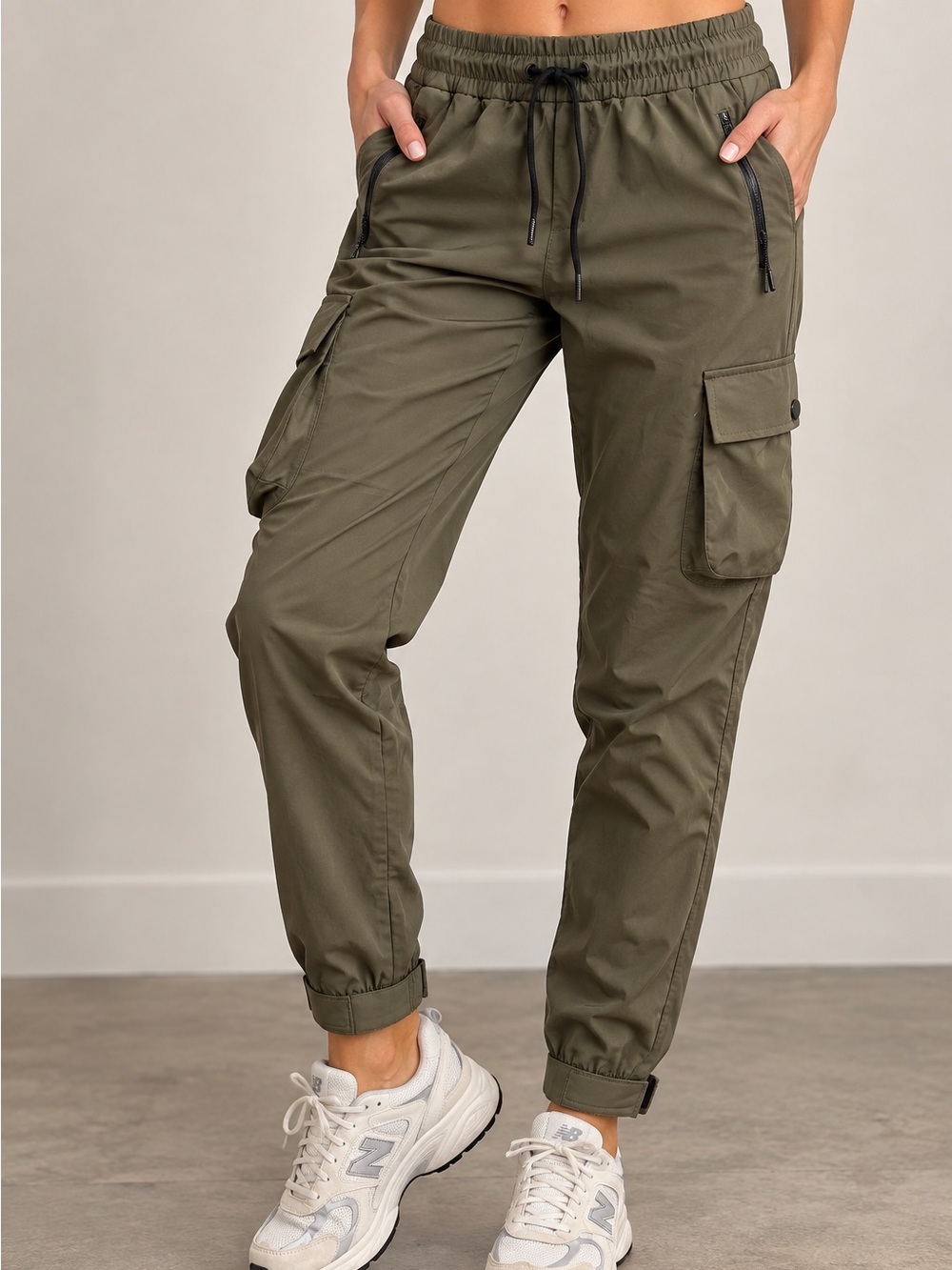 Women's Olive Cargo Joggers with Drawstring Waist